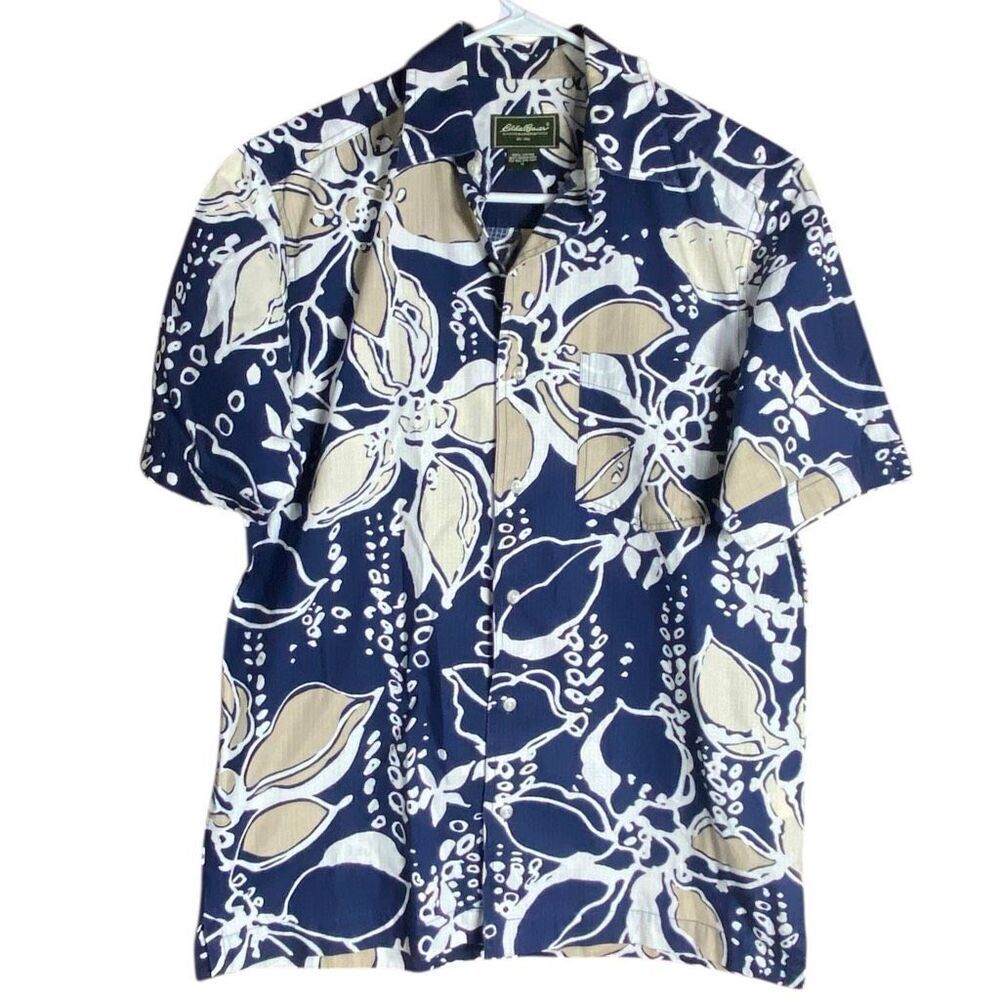 Eddie Bauer Camp Shirt Button Up Floral Cotton Navy Mens S Coastal Preppy